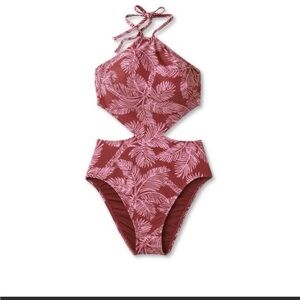 NWT Shade and Shore Swimsuit Women's Medium Halter One Piece Rust Palm Print
